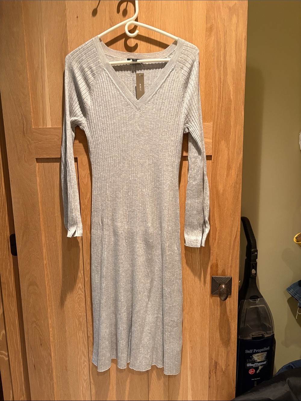 J Crew Ribbed V-Neck Long Sleeve Midi Dress - Light Gray